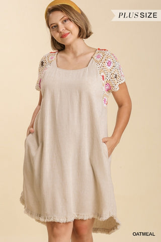 Linen Blend Crochet Sleeve Dress