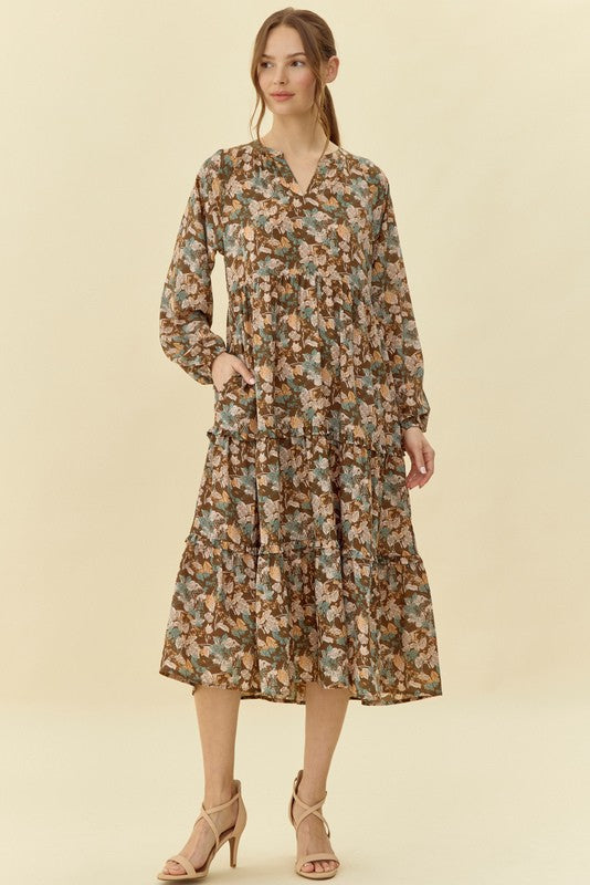 zaphia floral long sleeve tiered dress Flower Power Midi Dress – Dahlia: The Boutique