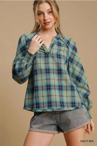 Ruffled Collar Checkered Top