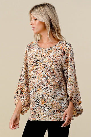 ROUND NECK BUBBLE SLEEVE BLOUSE