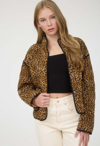 Mock Neck Leo Print Puffer Quilted Jacket