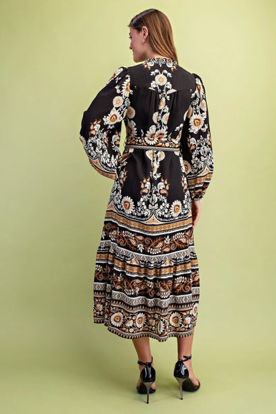 Black Mix Floral Tie Waist Midi Dress