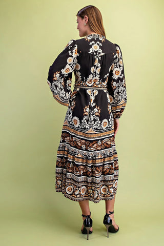 Black Mix Floral Tie Waist Midi Dress