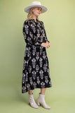 Black Floral Button-Front Midi Dress