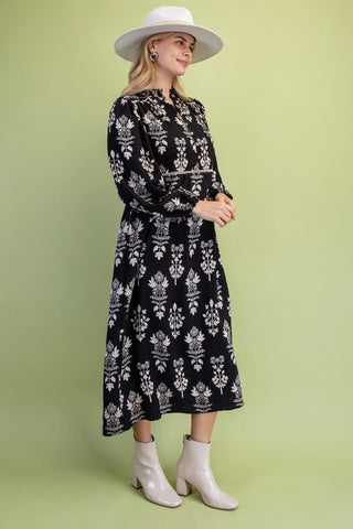 Black Floral Button-Front Midi Dress