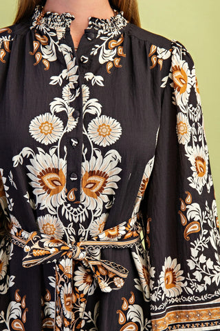 Black Mix Floral Tie Waist Midi Dress