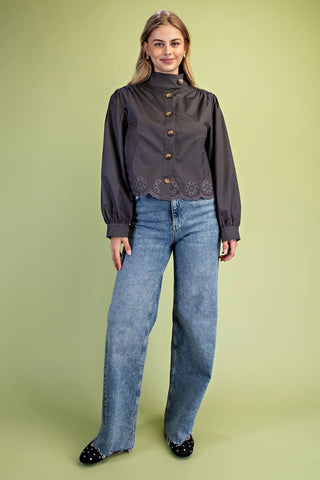 Collared Eyelet Hem Jacket