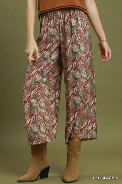 Botanical Print Cropped Wide Leg Pants