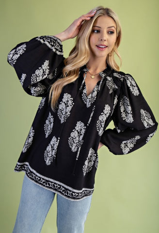 Printed Long-Sleeve Self-Tie