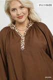 Plus Size Balloon Sleeve Blouse w/Leo Trim