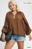 Plus Size Balloon Sleeve Blouse w/Leo Trim