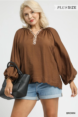 Plus Size Balloon Sleeve Blouse w/Leo Trim