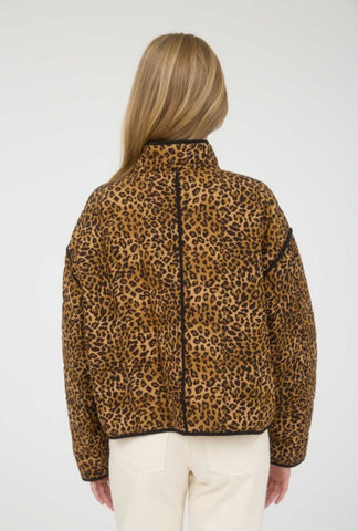 Mock Neck Leo Print Puffer Quilted Jacket