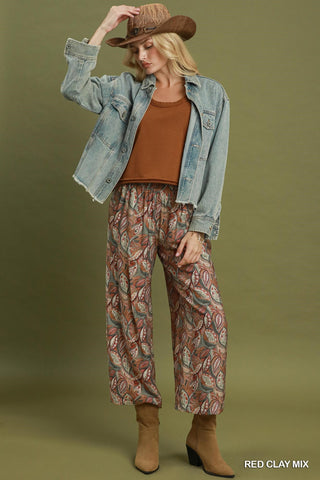 Botanical Print Cropped Wide Leg Pants
