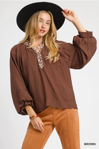 Balloon Sleeve Blouse w/Leo Trim