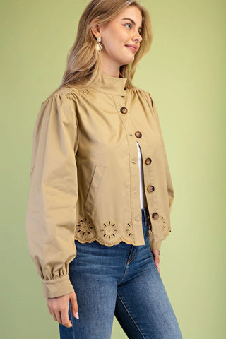Collared Eyelet Hem Jacket
