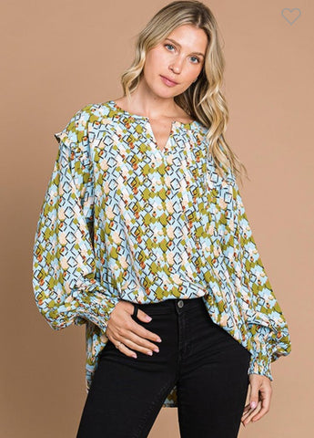 Plus Size Blue Combo Ruffled Accent Top