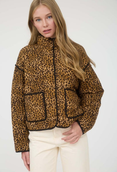 Mock Neck Leo Print Puffer Quilted Jacket