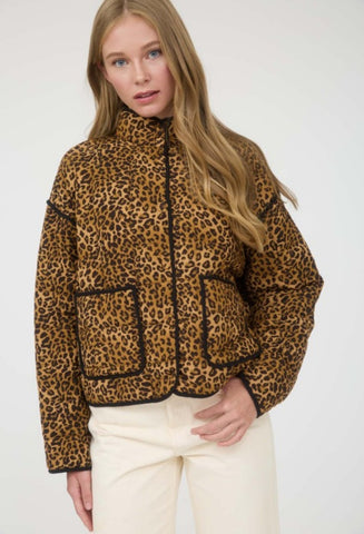 Mock Neck Leo Print Puffer Quilted Jacket