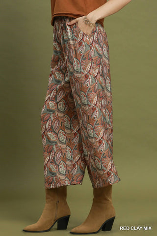 Botanical Print Cropped Wide Leg Pants