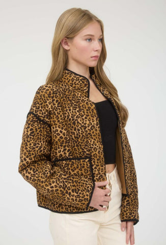 Mock Neck Leo Print Puffer Quilted Jacket