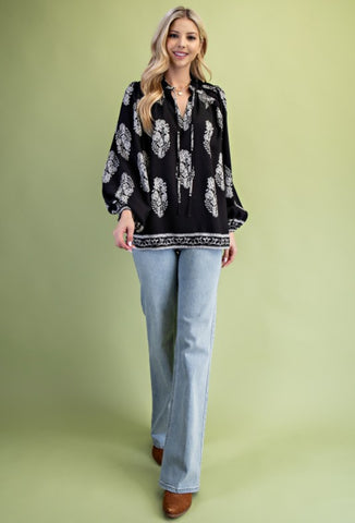 Printed Long-Sleeve Self-Tie
