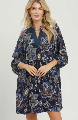 Navy Floral 3/4 Dress