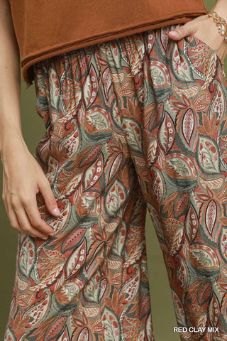 Botanical Print Cropped Wide Leg Pants