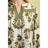 Floral 3/4 Sleeve w/Tassle Tie