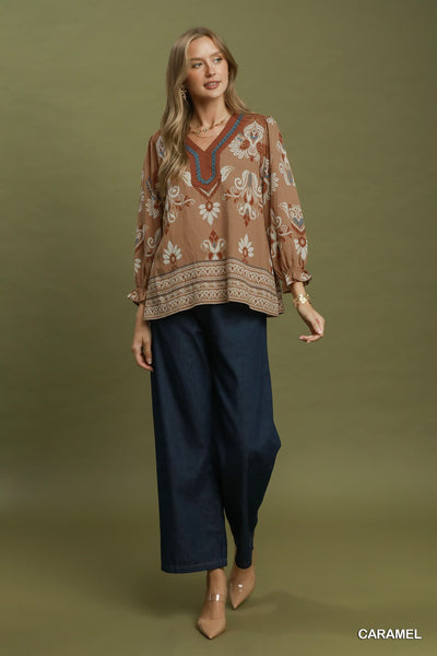 Border Print V-Neck Blouse
