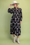 Black Floral Button-Front Midi Dress