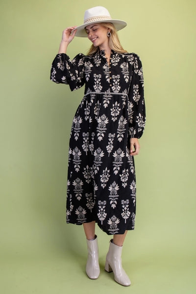 Black Floral Button-Front Midi Dress