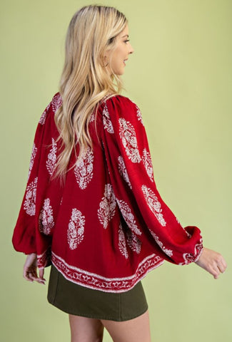 Printed Long-Sleeve Self-Tie