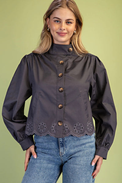 Collared Eyelet Hem Jacket