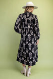 Black Floral Button-Front Midi Dress