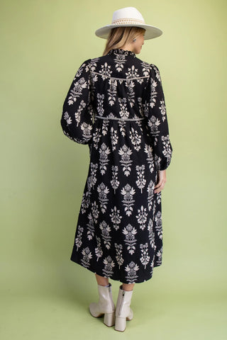 Black Floral Button-Front Midi Dress