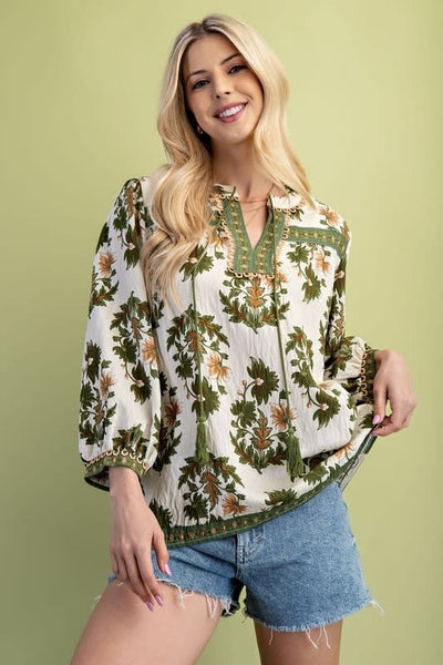 Floral 3/4 Sleeve w/Tassle Tie