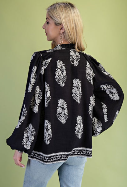 Printed Long-Sleeve Self-Tie