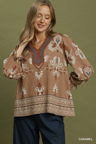 Border Print V-Neck Blouse
