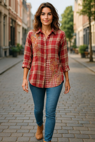 Collared Button-Down w/Tab Sleeve Plaid Mix