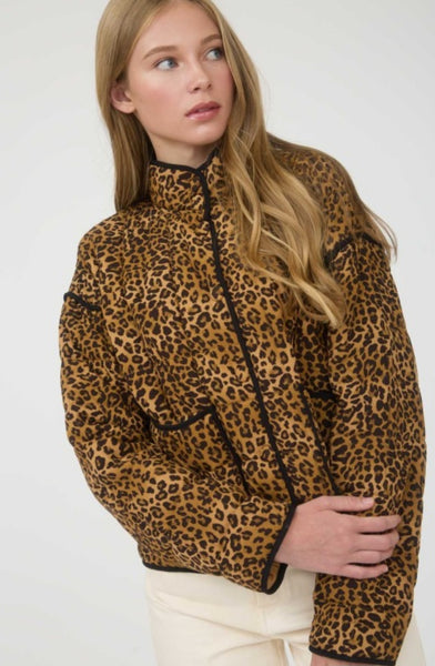 Mock Neck Leo Print Puffer Quilted Jacket