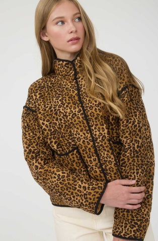 Mock Neck Leo Print Puffer Quilted Jacket