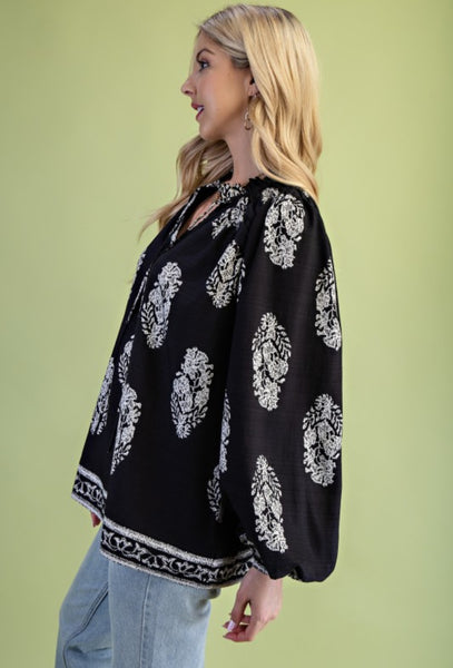 Printed Long-Sleeve Self-Tie