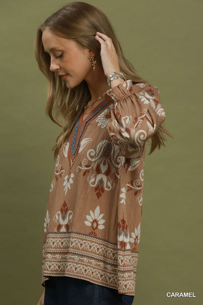 Border Print V-Neck Blouse