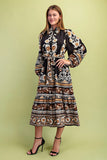 Black Mix Floral Tie Waist Midi Dress