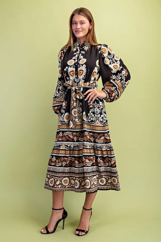 Black Mix Floral Tie Waist Midi Dress