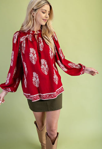 Printed Long-Sleeve Self-Tie
