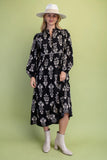 Black Floral Button-Front Midi Dress