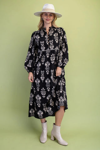 Black Floral Button-Front Midi Dress