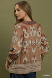 Border Print V-Neck Blouse